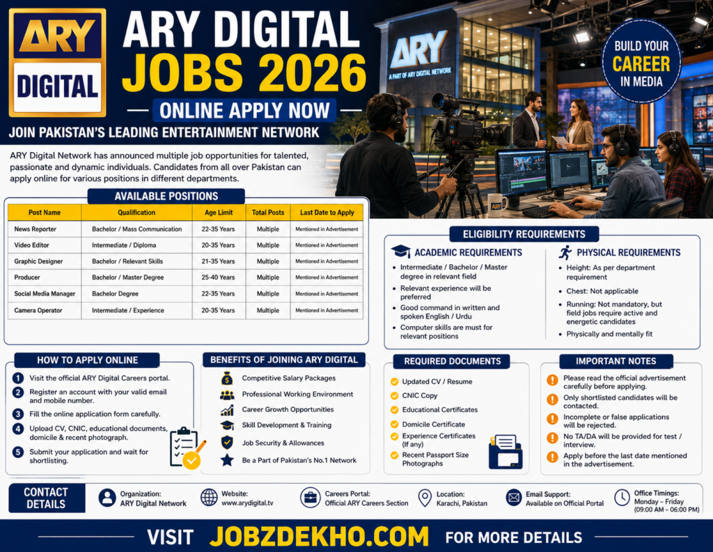 ARY Digital Jobs 2026 | Latest 100+ ARY Network Recruitment Offer | Apply Online